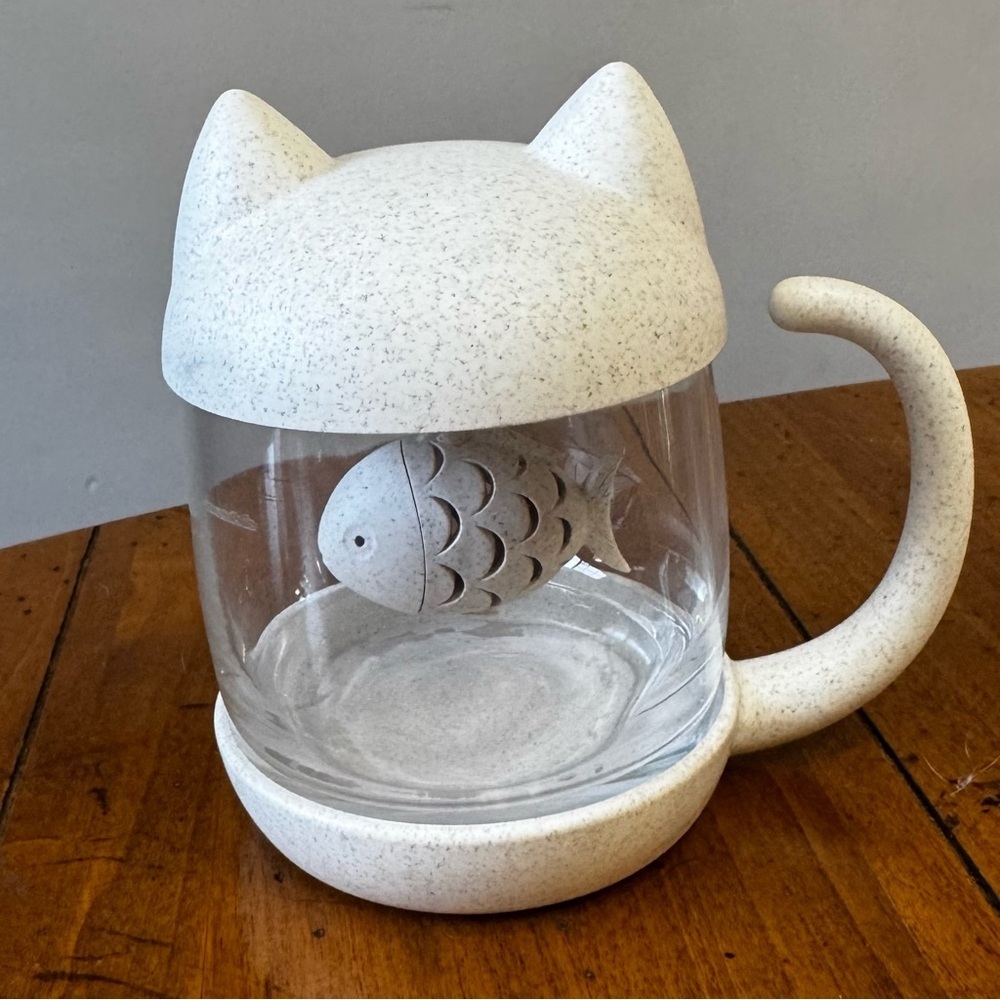 Cute Cat Glass Cup Tea Mug With Fish Tea Infuser Strainer Filter - Picture 5 of 13
